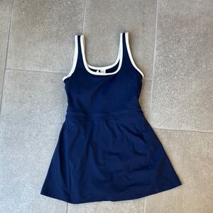 Navy Blue Sleeveless Dress with White Trim